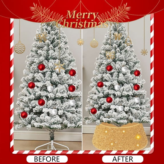 Christmas Tree Collar with Sparkling Sequin Tree Skirt 23.6in Round Sparkle Christmas Tree Base Velvet Tree Skirts Xmas Tree Trunk Cover for Holiday Christmas Home Decor (Gold)