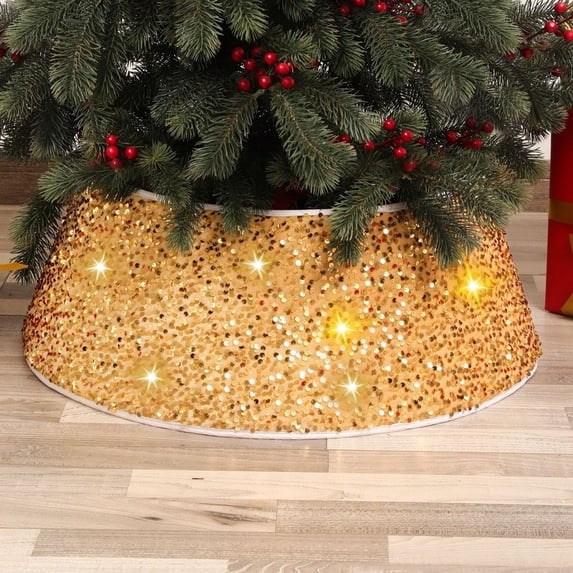 Christmas Tree Collar with Sparkling Sequin Tree Skirt 23.6in Round Sparkle Christmas Tree Base Velvet Tree Skirts Xmas Tree Trunk Cover for Holiday Christmas Home Decor (Gold)